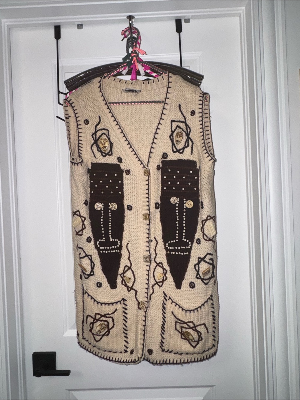 Vintage hand crafted Embellished Knit Vest in Cream with Chocolate Accents